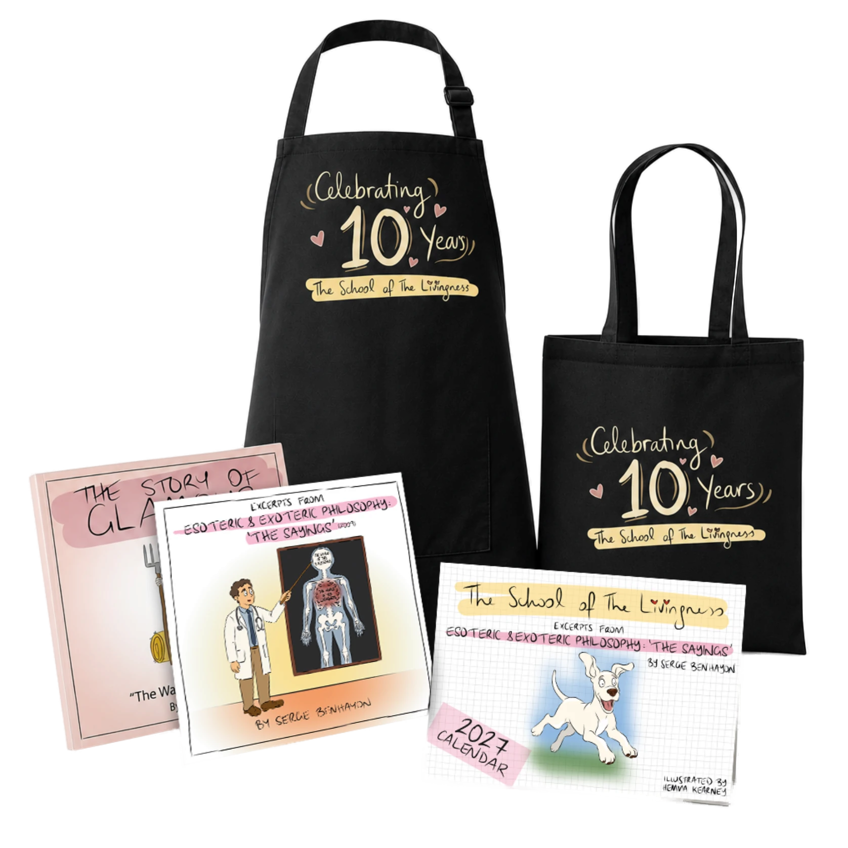 10 Year Anniversary collection — apron, tote bag, The Story of Glamour and Excerpts books, and the 2027 calendar